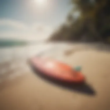 Eco-Friendly Surfboard on a Pristine Shore Vibrant surfboard on a clean beach highlighting eco-friendly practices