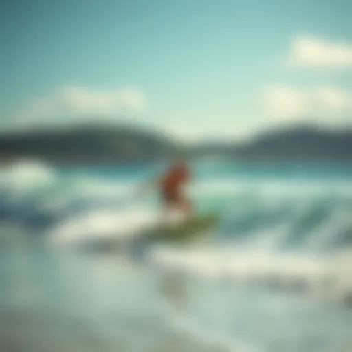 A vibrant beach scene showcasing the excitement of hand board surfing