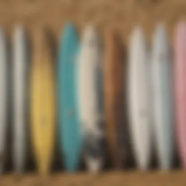 A close-up of various surfboard types on the beach