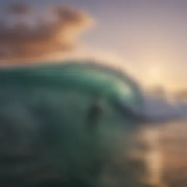 A surfer riding a majestic wave at sunset