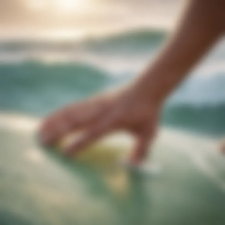 A close-up of surf wax being applied to a surfboard, highlighting eco-friendly practices.