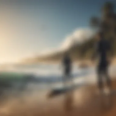 An idyllic beach scene showcasing a diverse group of surfers using auto boards