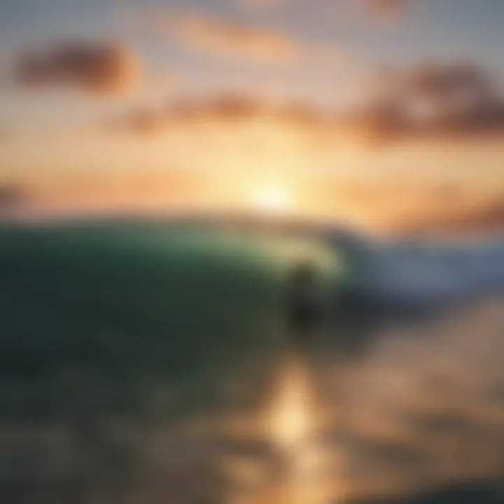 Sunset over a Baja surf break with surfers riding the waves