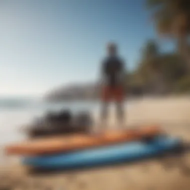 Essential surf gear laid out on the beach