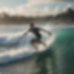 A skilled skimboarder gliding over the water's surface