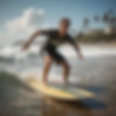 A beginner practicing skim boarding at a beach.