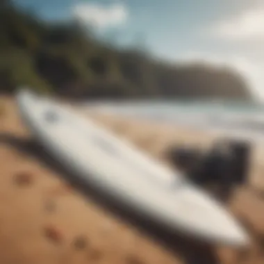 Essential surfing gear displayed on a sandy beach