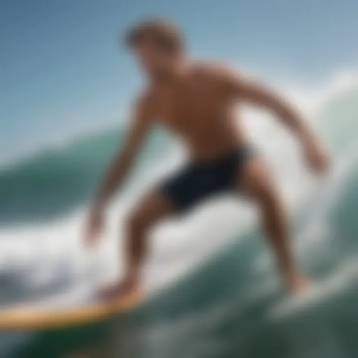 A surfer showcasing stylish board shorts in action on the waves