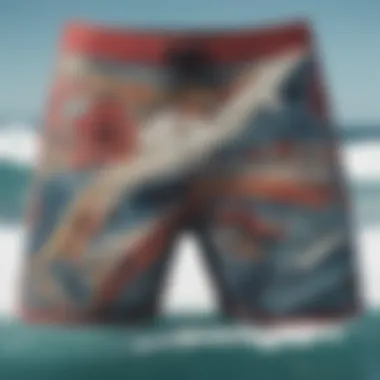 Various board shorts arranged to emphasize unique designs and patterns