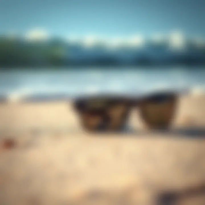 A pair of surf glasses resting on a sandy beach with waves in the background