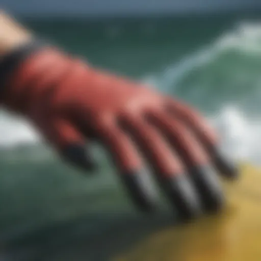 Close-up view of premium surf gloves showcasing material quality