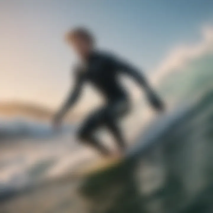 Surfer wearing gloves while riding a wave