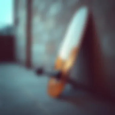 A beautifully finished custom skateboard leaning against a wall