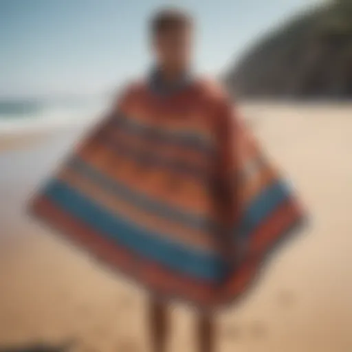 A colorful changing robe poncho displayed on a sandy beach with surfboards in the background.