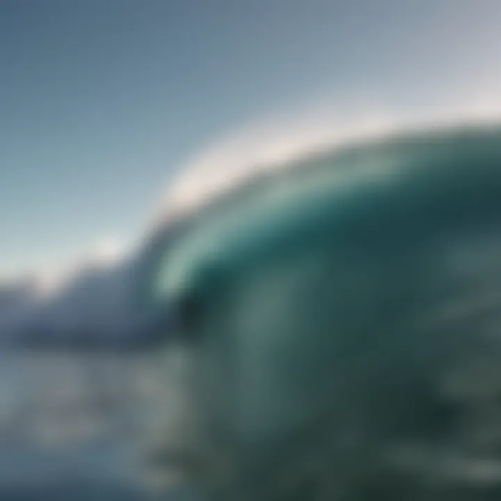 An ocean wave towering over a lone surfer