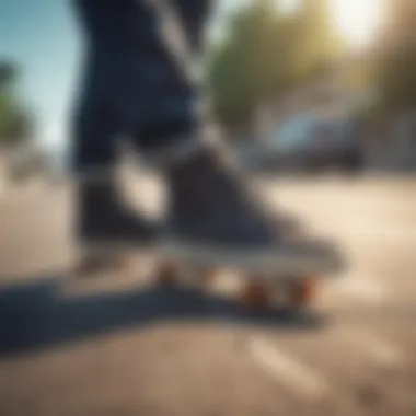 Skate shoes in action during a ride