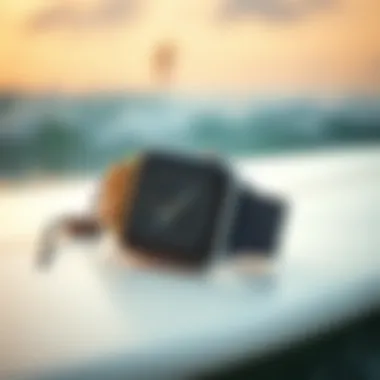 Durable Apple Watch band showcased on a surfboard