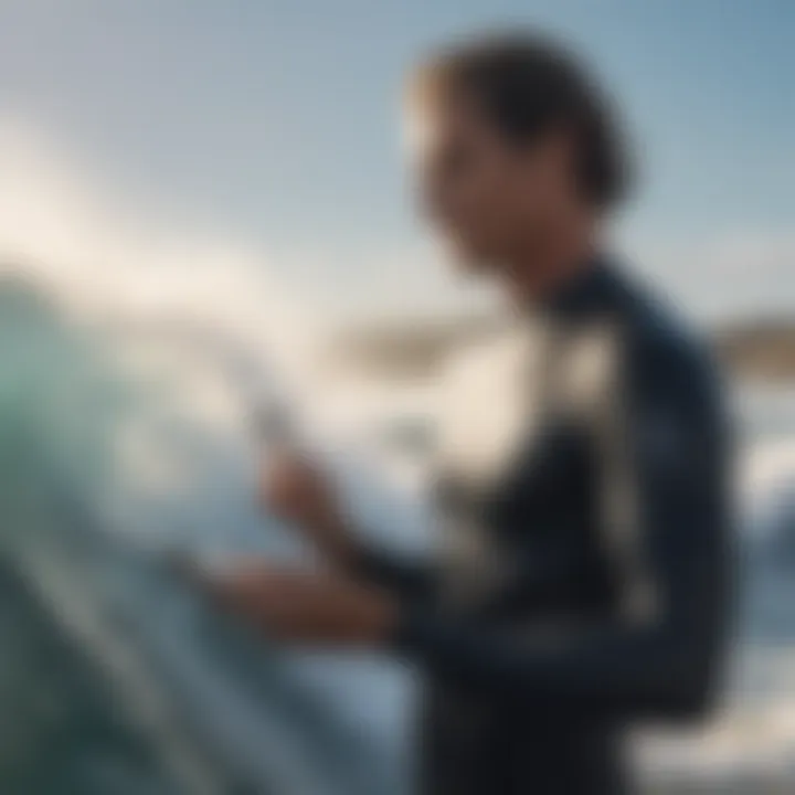 A surfer checking the Windguru app on their smartphone