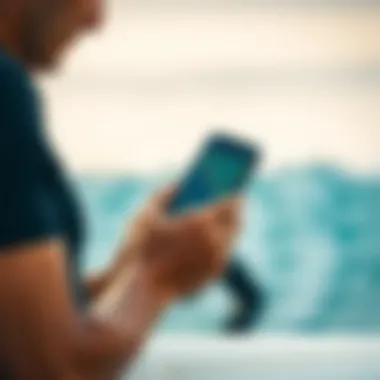 A surfer checking tidal information on a smartphone