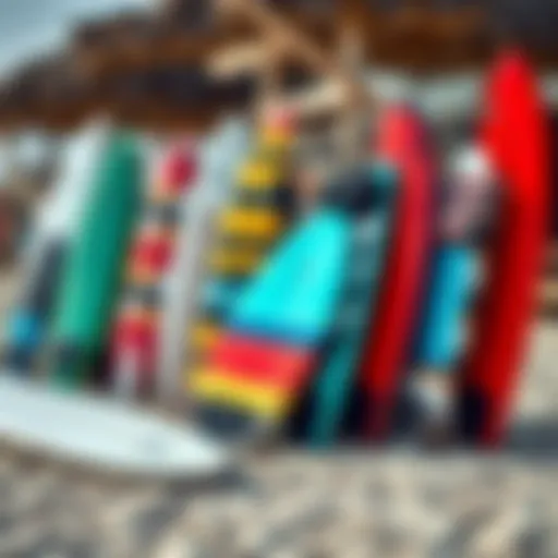 Diverse Body Surfing Boards A selection of body surfing boards displayed on a sandy beach.