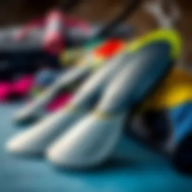 Essential Body Surfing Gear Close-up of essential body surfing gear, including fins and rash guards.