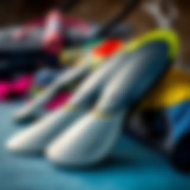 Essential Body Surfing Gear Close-up of essential body surfing gear, including fins and rash guards.