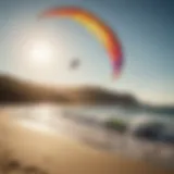 A vibrant kite soaring above a scenic beach