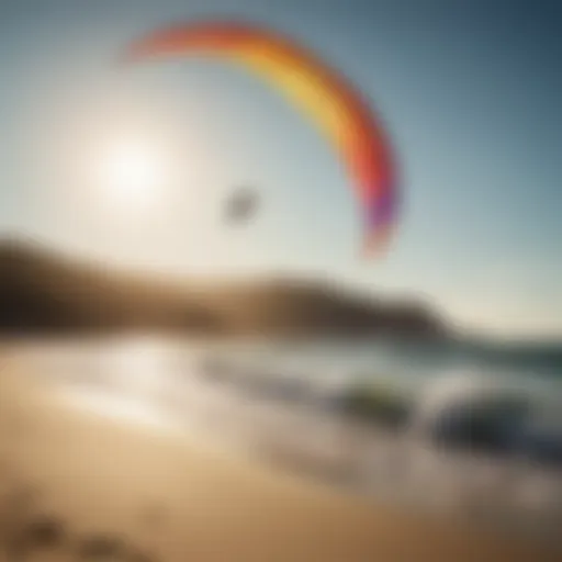 A vibrant kite soaring above a scenic beach