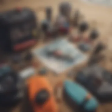 Essential Surf Fishing Gear Layout Expertly arranged surf fishing gear