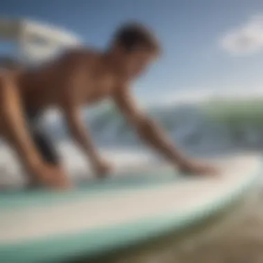 Surfer applying repair techniques to a foam surfboard