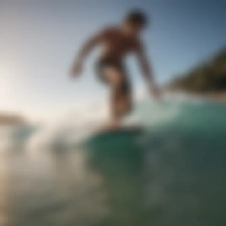 Skimboarder performing tricks on a beach with visible traction pads