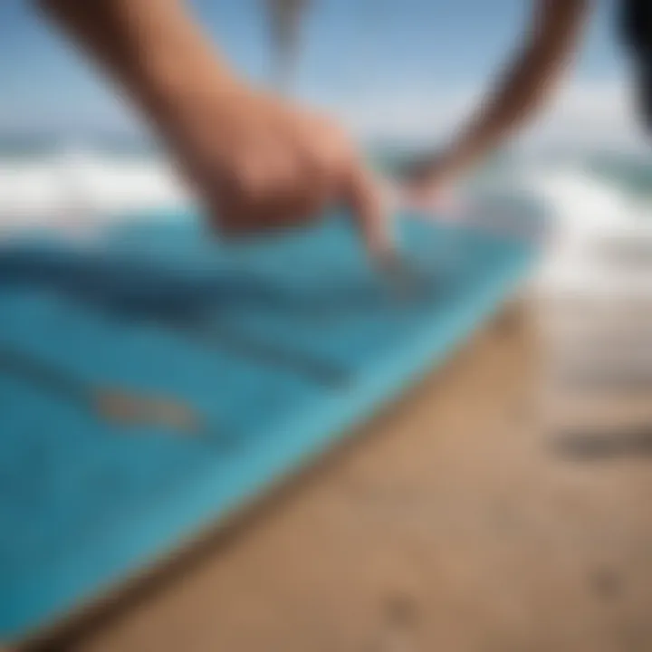 Close-up of traction pad installation on a skimboard