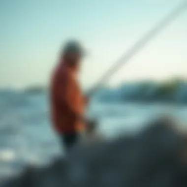 A beachfront scene showing a fisherman casting a line into the surf