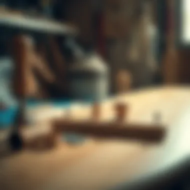 Detailed view of a surfboard shaping kit with tools