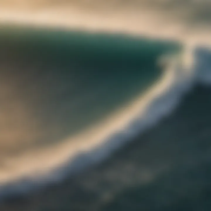 Aerial view of surfers riding waves at sunset