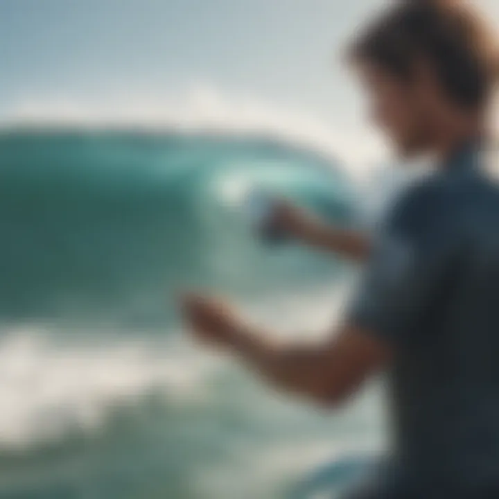 Surfer analyzing a wave report on a mobile device