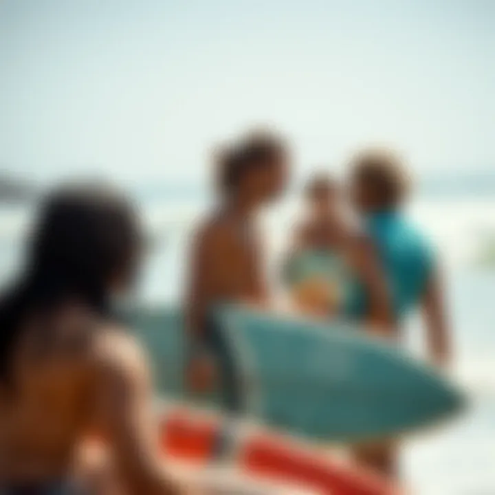 Community Dynamics Among Surfers A close-up of surfers interacting on the beach