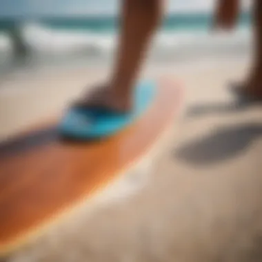 A detailed close-up of skimboard equipment, highlighting the board's texture and design.