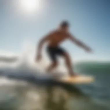 A skilled skimboarder performing tricks on the shore, exhibiting advanced techniques.