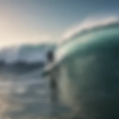 A surfer riding a wave with a visibly long leash