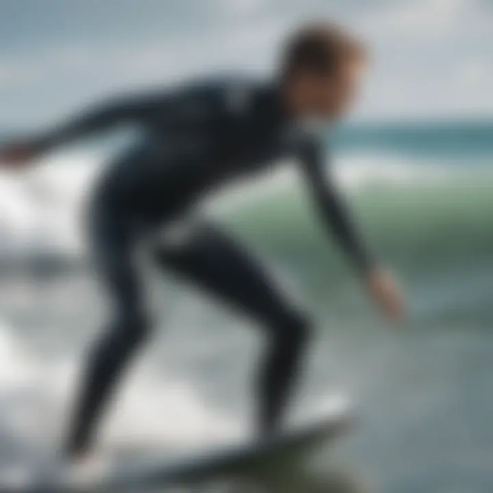 Surfer demonstrating the proper wetsuit fit in the water