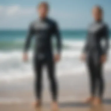 Wetsuit fitting guide illustrating body measurement techniques