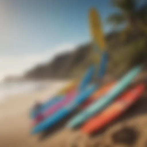 A vibrant collection of various surfing toys displayed on a sandy beach