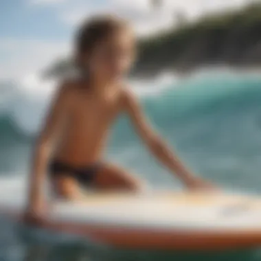 Close-up of a child using a surfboard simulator, showcasing skill development