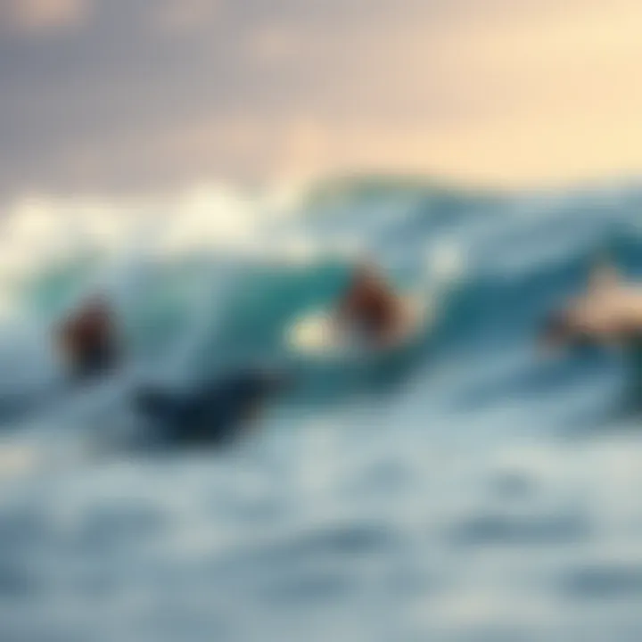 Surfers enjoying the ocean waves with dolphins nearby