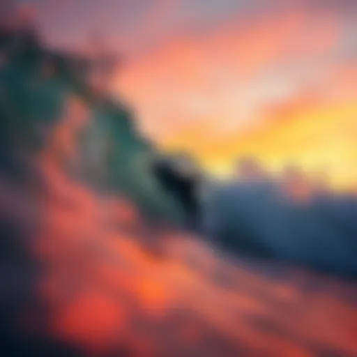 A dolphin gracefully riding a wave during sunset