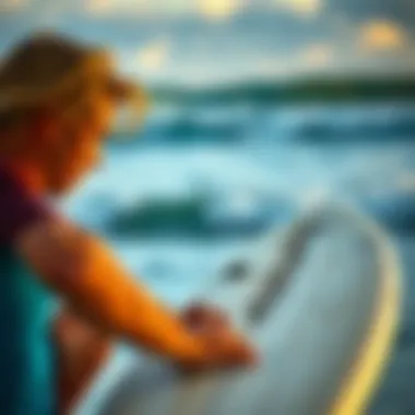 A surfer inspecting a damaged surfboard at the beach