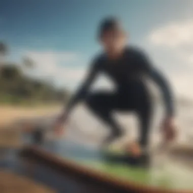 Beginner surfer preparing essential gear for longboarding