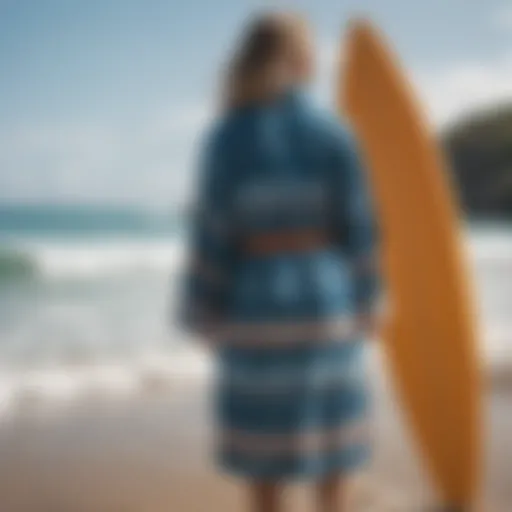 A vibrant changing robe hanging on a surfboard