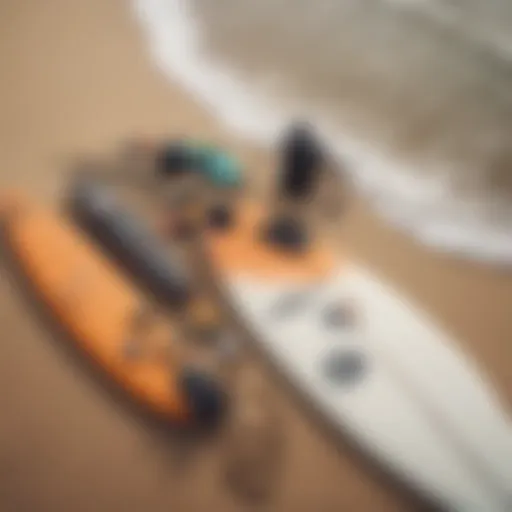 Surfing gear essentials laid out on a sandy beach